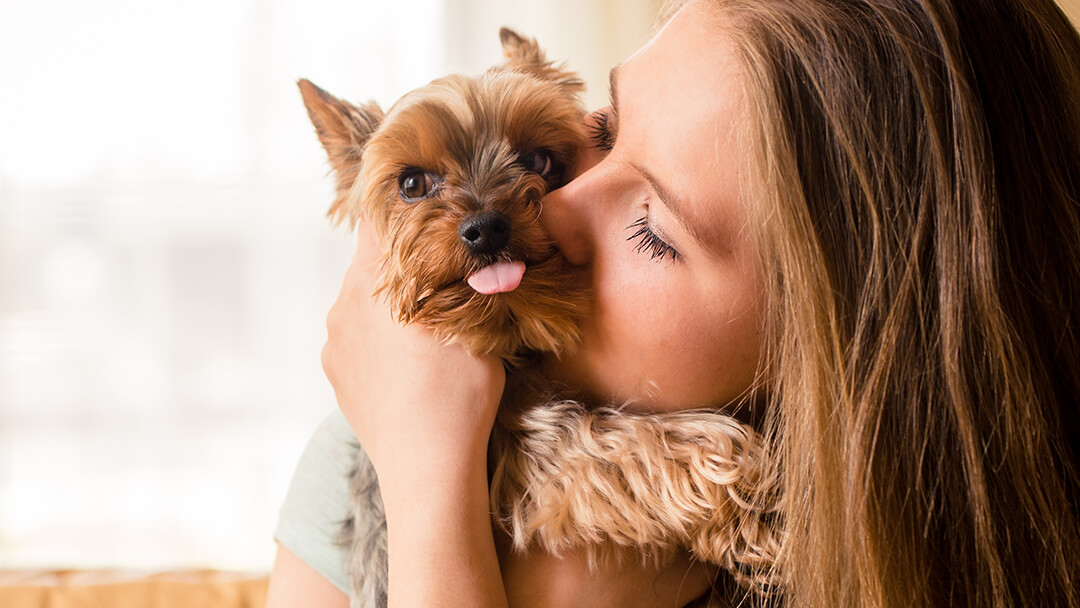 Frau kuschelt mit kleinem Hund