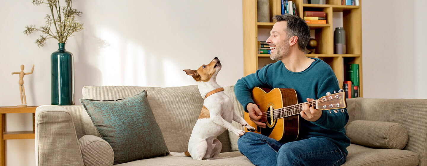 Hund und Mann mit Gitarre