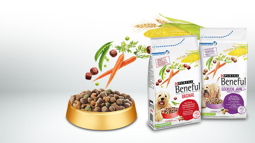 Beneful Napf mit Zutaten und Produktverpackungen
