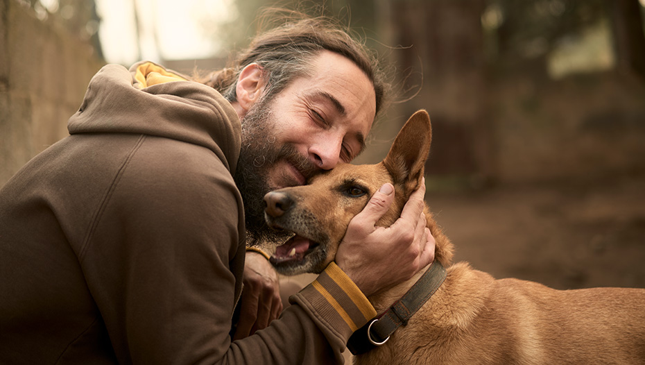 Der Besitzer umarmt seinen Hund