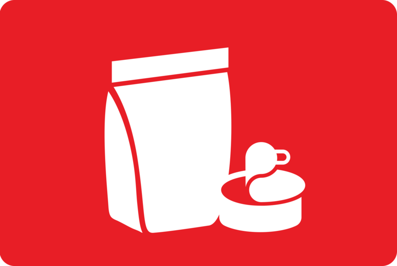logo with white pet food packaging on red background