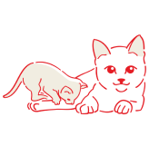 Skizze einer erwachsenen Katze, die sich hinlegt, während ein Kätzchen auf sie klettert