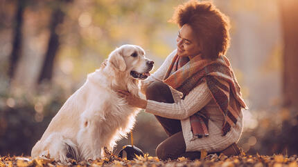 Frau mit Hund im Wald sitzend