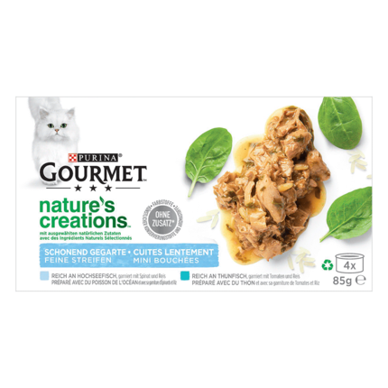 GOURMET™ Nature's Creations, reich an Hochseefisch, garniert mit Spinat & Reis, reich an Thunfisch, garniert mit Tomaten & Reis
