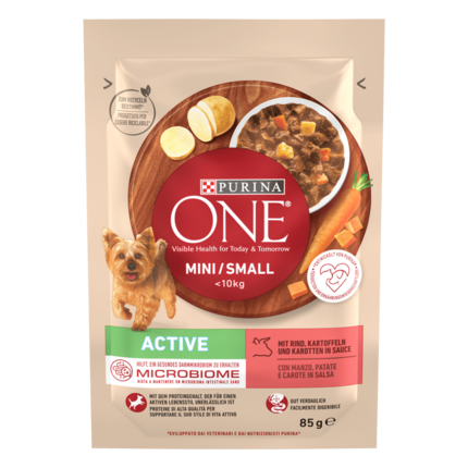 PURINA ONE MINI/SMALL Active mit Rind, Kartoffeln und Karotten in Sauce