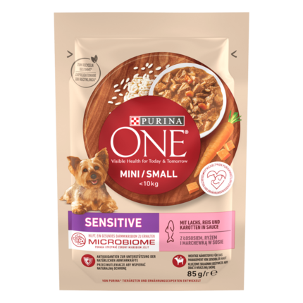 PURINA ONE MINI/SMALL Sensitive mit Lachs, Reis und Karotten in Sauce
