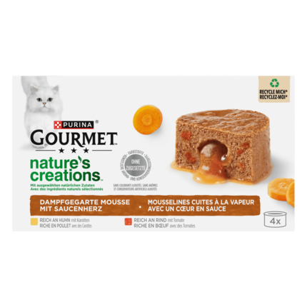 PURINA GOURMET Nature's Creations Mousse mit Saucenherz, reich an Huhn mit Karotte, reich an Rind mit Tomate 