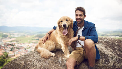Hund sitzt mit Mann auf dem Berg