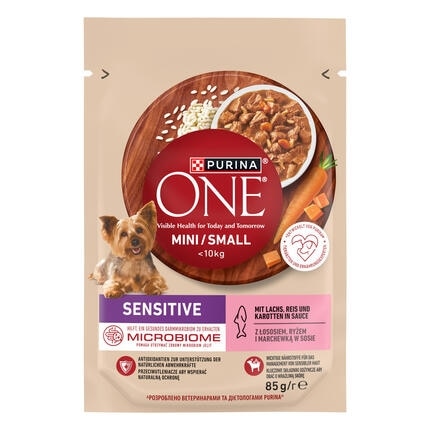 PURINA ONE MINI/SMALL Sensitive mit Lachs, Reis und Karotten in Sauce
