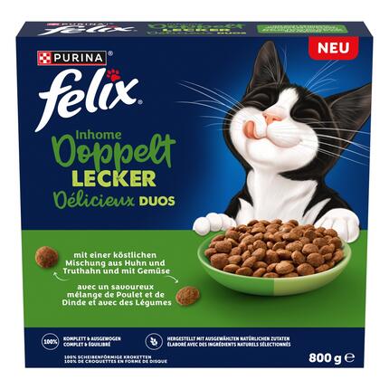 FELIX® Doppelt Lecker Inhome mit einer köstlichen Mischung aus Huhn und Truthahn und mit Gemüse