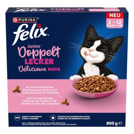 FELIX® Doppelt Lecker Junior mit einer köstlichen Mischung aus Huhn und Truthahn, mit Milch und mit Gemüse