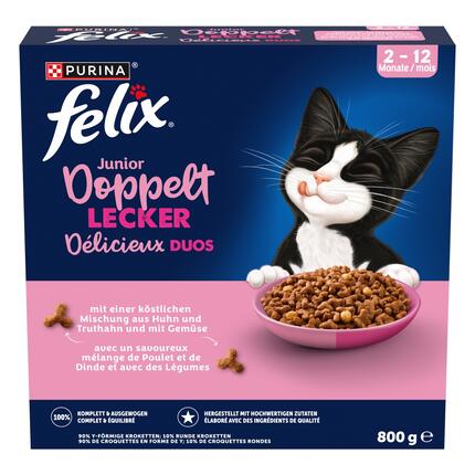 FELIX® Doppelt Lecker Junior mit einer köstlichen Mischung aus Huhn und Truthahn, mit Milch und mit Gemüse