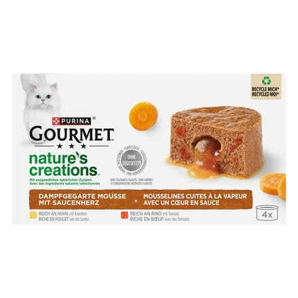 PURINA GOURMET Nature's Creations Mousse mit Saucenherz, reich an Huhn mit Karotte, reich an Rind mit Tomate