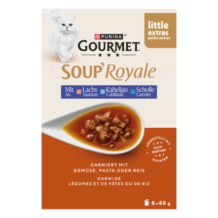GOURMET™ SOUP ROYALE mit Lachs, Kabeljau oder Scholle, garniert mit Gemüse, Pasta oder Reis