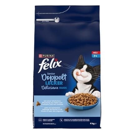 FELIX® Doppelt Lecker 7+ mit einer köstlichen Mischung aus Huhn und Truthahn und mit Gemüse