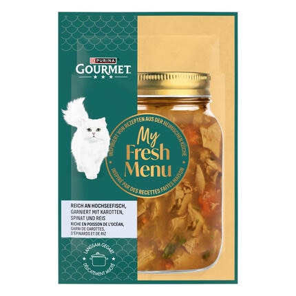 ​GOURMET™ My Fresh Menu reich an Hochseefisch, garniert mit Karotten, Spinat und Reis