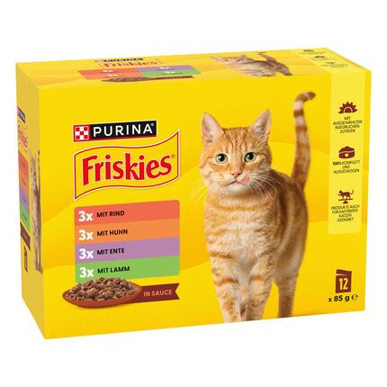 PURINA® FRISKIES® Adult in Sauce mit Rind, Huhn, Ente, Lamm