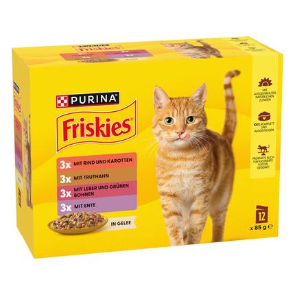 PURINA® FRISKIES® Adult in Gelee mit Rind und Karotten, Truthahn, Leber und grünen Bohnen, Ente