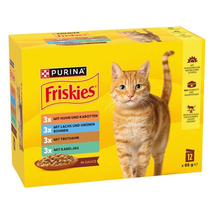PURINA® FRISKIES® Adult in Sauce mit Huhn und Karotten, Lachs und grünen Bohnen, Truthahn, Kabeljau
