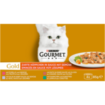 GOURMET™ Gold Zarte Häppchen in Sauce mit Gemüse mit Ente & Oliven, Forelle & Gemüse, Kaninchen & Karotten, Kalb & Gemüse 