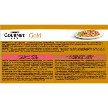 GOURMET™ Gold Zarte Häppchen in Sauce mit Gemüse mit Ente & Oliven, Forelle & Gemüse, Kaninchen & Karotten, Kalb & Gemüse Rückseite