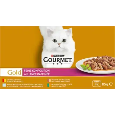 GOURMET™ Gold Feine Komposition mit Rind & Huhn, Kaninchen & Leber, Hochseefisch & Spinat, Ente & Truthahn Vorderansicht