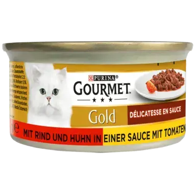 GOURMET™ Gold Délicatesse en Sauce mit Rind und Huhn in einer Sauce mit Tomaten Seitenansicht