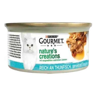 GOURMET™ Nature's Creations, reich an Thunfisch, garniert mit Tomaten und Reis Seitenansicht