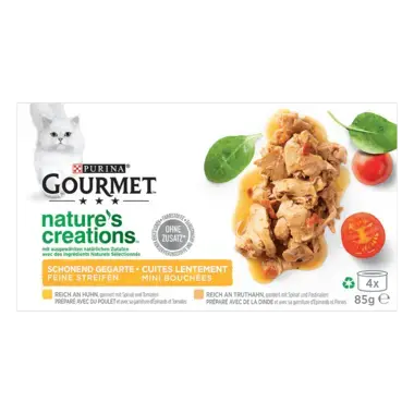 GOURMET™ Nature's Creations, reich an Huhn, garniert mit Spinat & Tomaten, reich an Truthahn, garniert mit Spinat & Pastinaken Vorderansicht