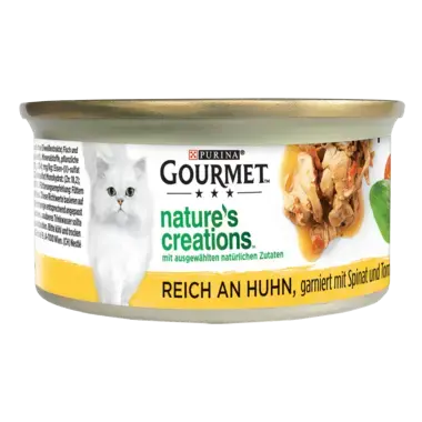 GOURMET™ Nature's Creations, reich an Huhn, garniert mit Spinat und Tomaten Seitenansicht