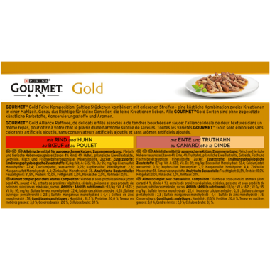 GOURMET™ Gold Feine Komposition mit Rind & Huhn, Kaninchen & Leber, Hochseefisch & Spinat, Ente & Truthahn Rückseite