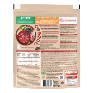 Purina ONE® Mini/Small Active mit Huhn und Reis Rückseite