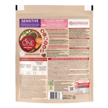 Purina ONE MINI Sensitive mit Lachs und Reis Rückseite