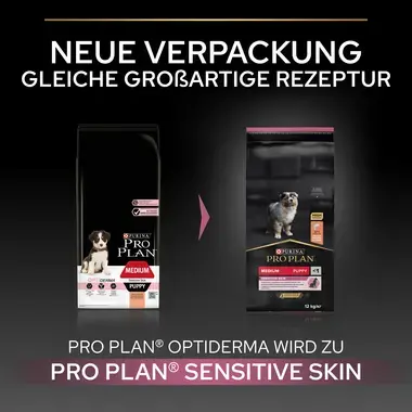 Fütterungsempfehlung PRO PLAN MEDIUM PUPPY für sensible Haut reich an Lachs