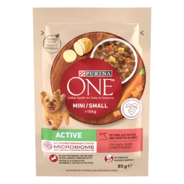 PURINA ONE MINI/SMALL Active mit Rind, Kartoffeln und Karotten in Sauce
