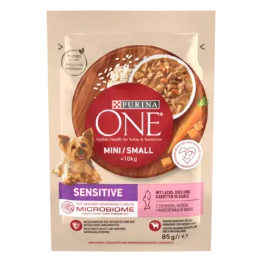 PURINA ONE MINI/SMALL Sensitive mit Lachs, Reis und Karotten in Sauce