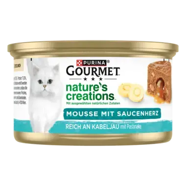 PURINA GOURMET Nature's Creations Mousse mit Saucenherz, reich an Kabeljau mit Pastinake 