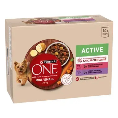 PURINA ONE MINI/SMALL Active mit Rind, Kartoffeln und Karotten in Sauce