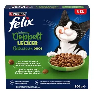 FELIX® Doppelt Lecker Inhome mit einer köstlichen Mischung aus Huhn und Truthahn und mit Gemüse