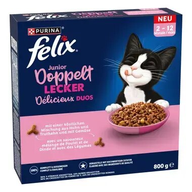 FELIX® Doppelt Lecker Junior mit einer köstlichen Mischung aus Huhn und Truthahn, mit Milch und mit Gemüse