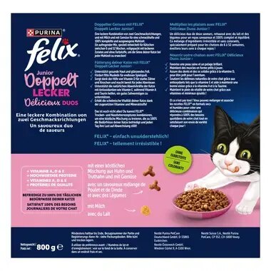 FELIX® Doppelt Lecker Junior mit einer köstlichen Mischung aus Huhn und Truthahn, mit Milch und mit Gemüse