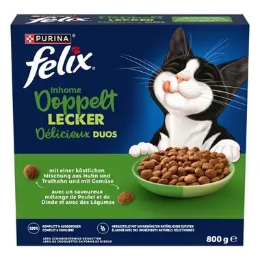 FELIX® Doppelt Lecker Inhome mit einer köstlichen Mischung aus Huhn und Truthahn und mit Gemüse