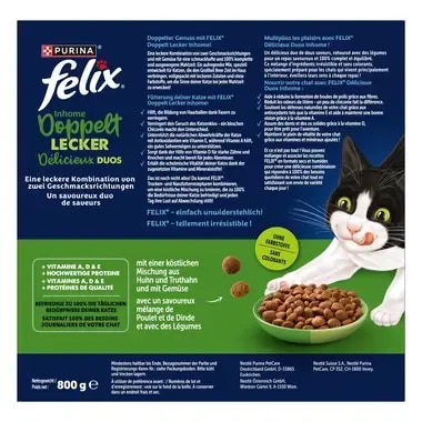 FELIX® Doppelt Lecker Inhome mit einer köstlichen Mischung aus Huhn und Truthahn und mit Gemüse