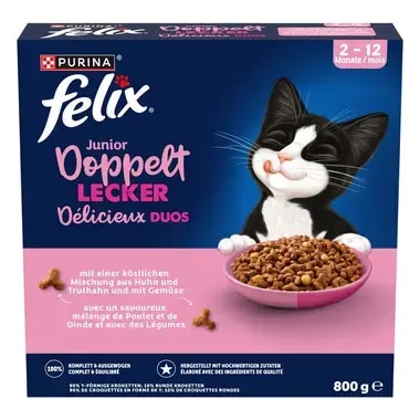 FELIX® Doppelt Lecker Junior mit einer köstlichen Mischung aus Huhn und Truthahn, mit Milch und mit Gemüse