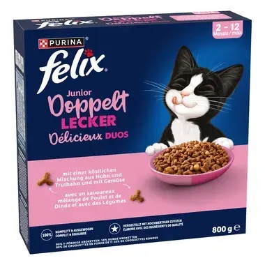 FELIX® Doppelt Lecker Junior mit einer köstlichen Mischung aus Huhn und Truthahn, mit Milch und mit Gemüse