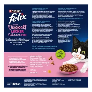 FELIX® Doppelt Lecker Junior mit einer köstlichen Mischung aus Huhn und Truthahn, mit Milch und mit Gemüse