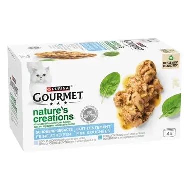 GOURMET Nature's Creations, reich an Hochseefisch, garniert mit Spinat & Reis, reich an Thunfisch, garniert mit Tomaten & Rei