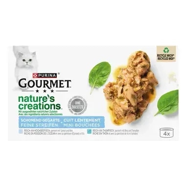GOURMET Nature's Creations, reich an Hochseefisch, garniert mit Spinat & Reis, reich an Thunfisch, garniert mit Tomaten & Rei
