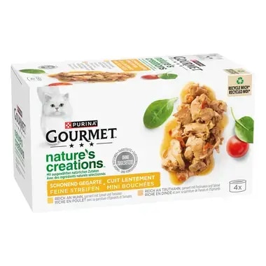 GOURMET Nature's Creations, reich an Huhn, garniert mit Spinat & Tomaten, reich an Truthahn, garniert mit Spinat & Pastinaken