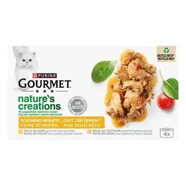 GOURMET Nature's Creations, reich an Huhn, garniert mit Spinat & Tomaten, reich an Truthahn, garniert mit Spinat & Pastinaken